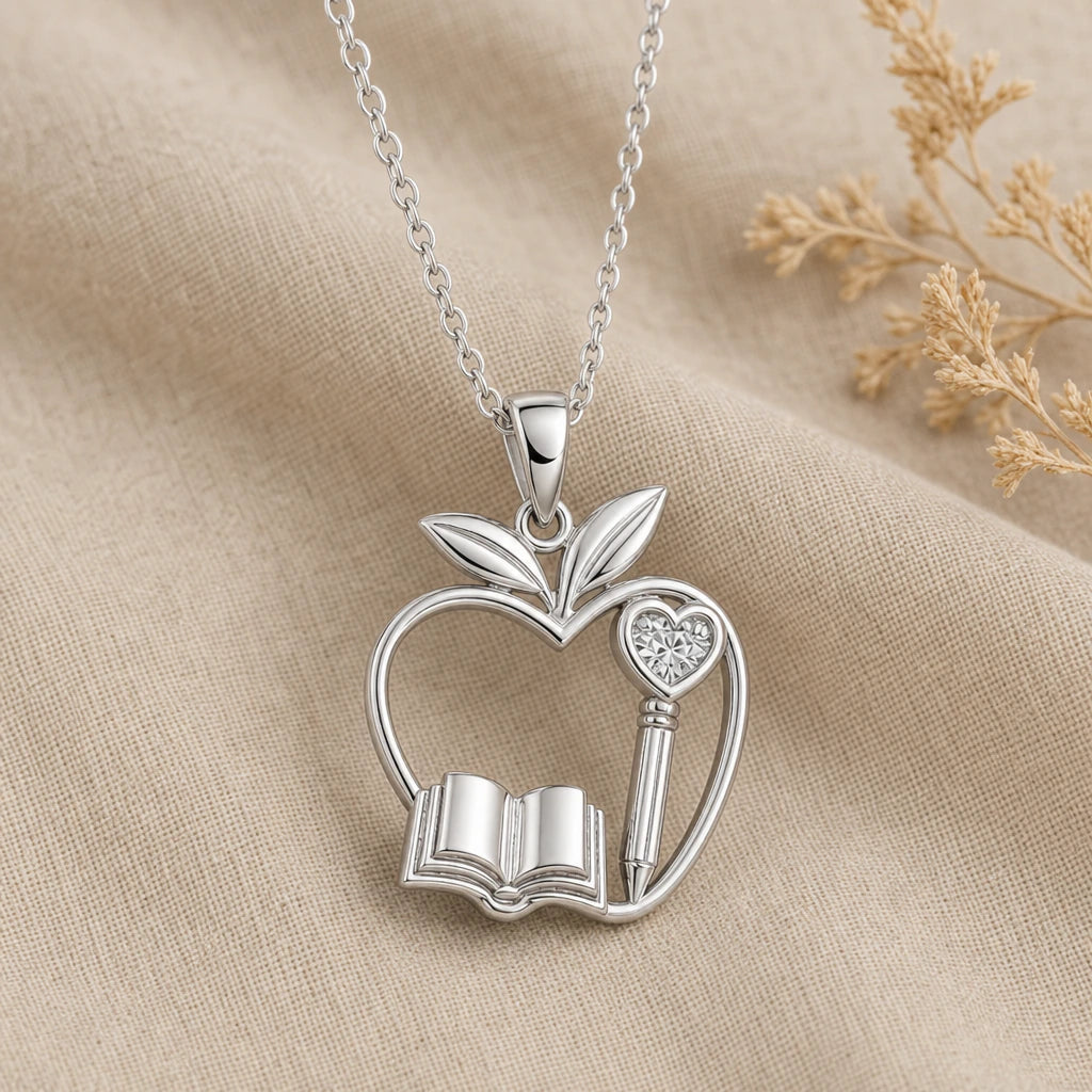 Teacher Apple Birthstone Pendant Necklace in sterling silver, second view