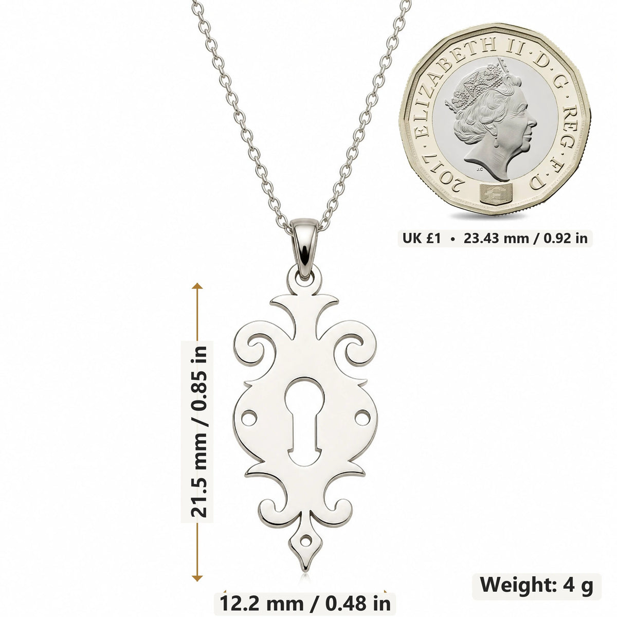 Ornate Keyhole pendant necklace size image showing 21.5 mm height, 12.2 mm width and 4 g weight