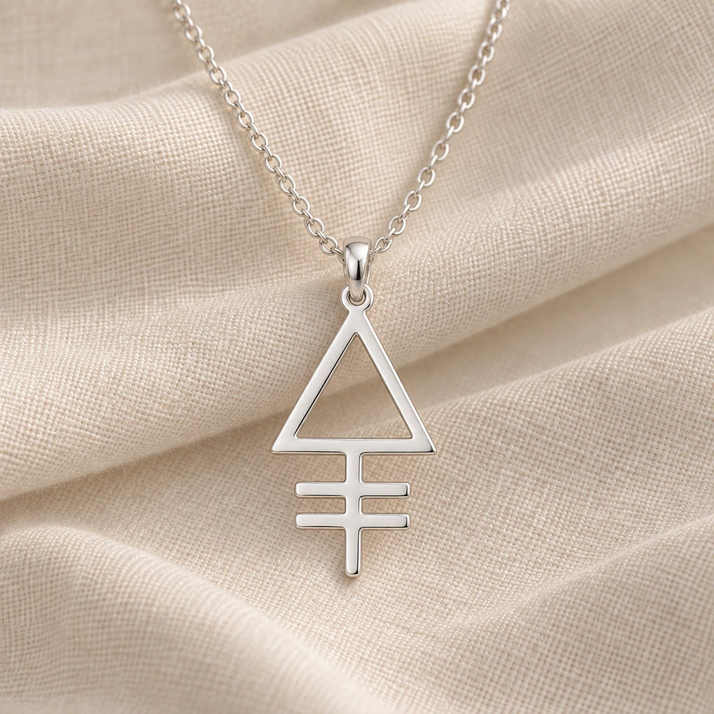 925 sterling silver phosphorus alchemy symbol pendant necklace on cream fabric