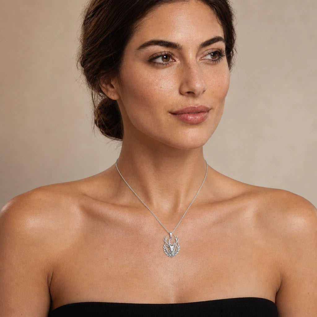 Moon Stag pendant necklace worn on a model, front close-up