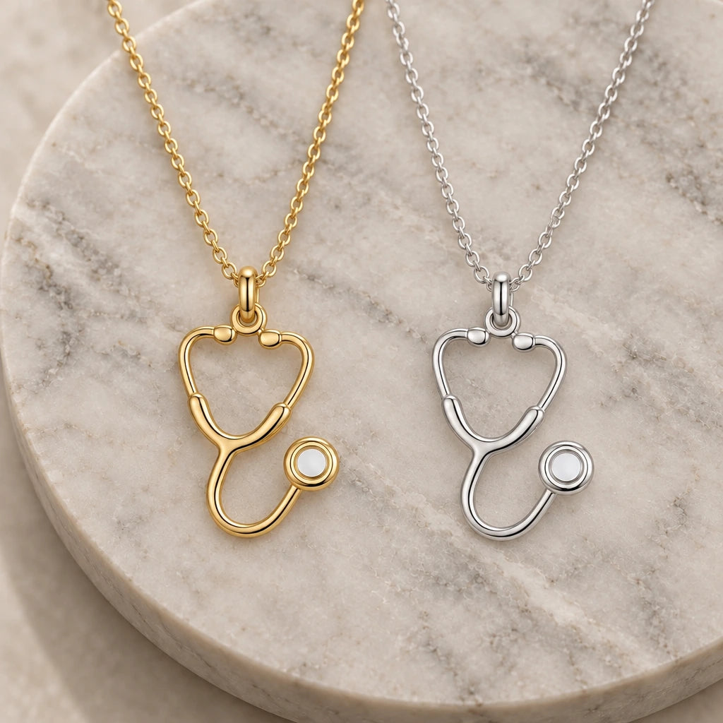 Doctor Stethoscope pendant necklace in silver and gold finishes side by side