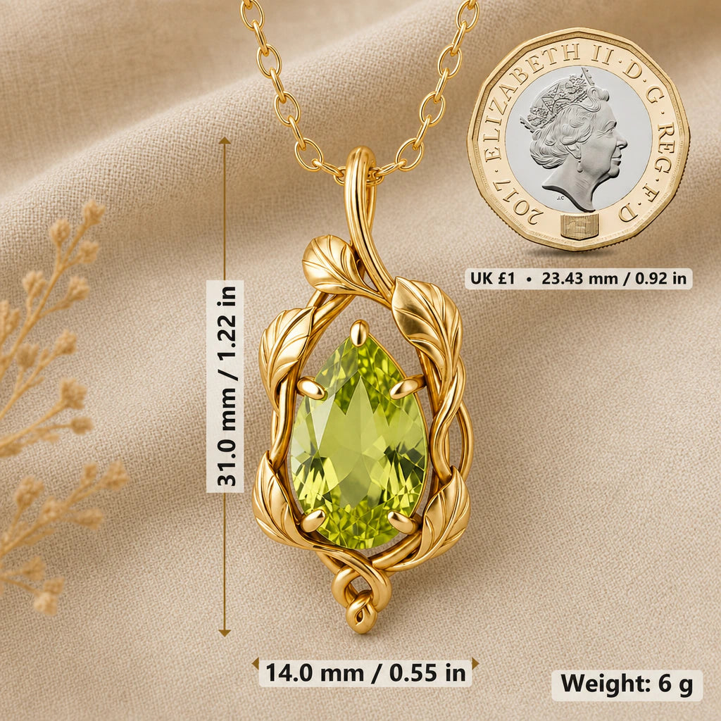 Leaf Vine Pear Birthstone Pendant Necklace size guide, 31 by 14 mm