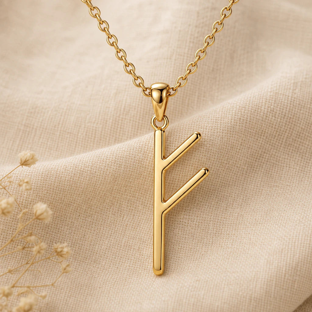 Viking Wealth Fehu Rune Pendant Necklace in 18k gold plated sterling silver