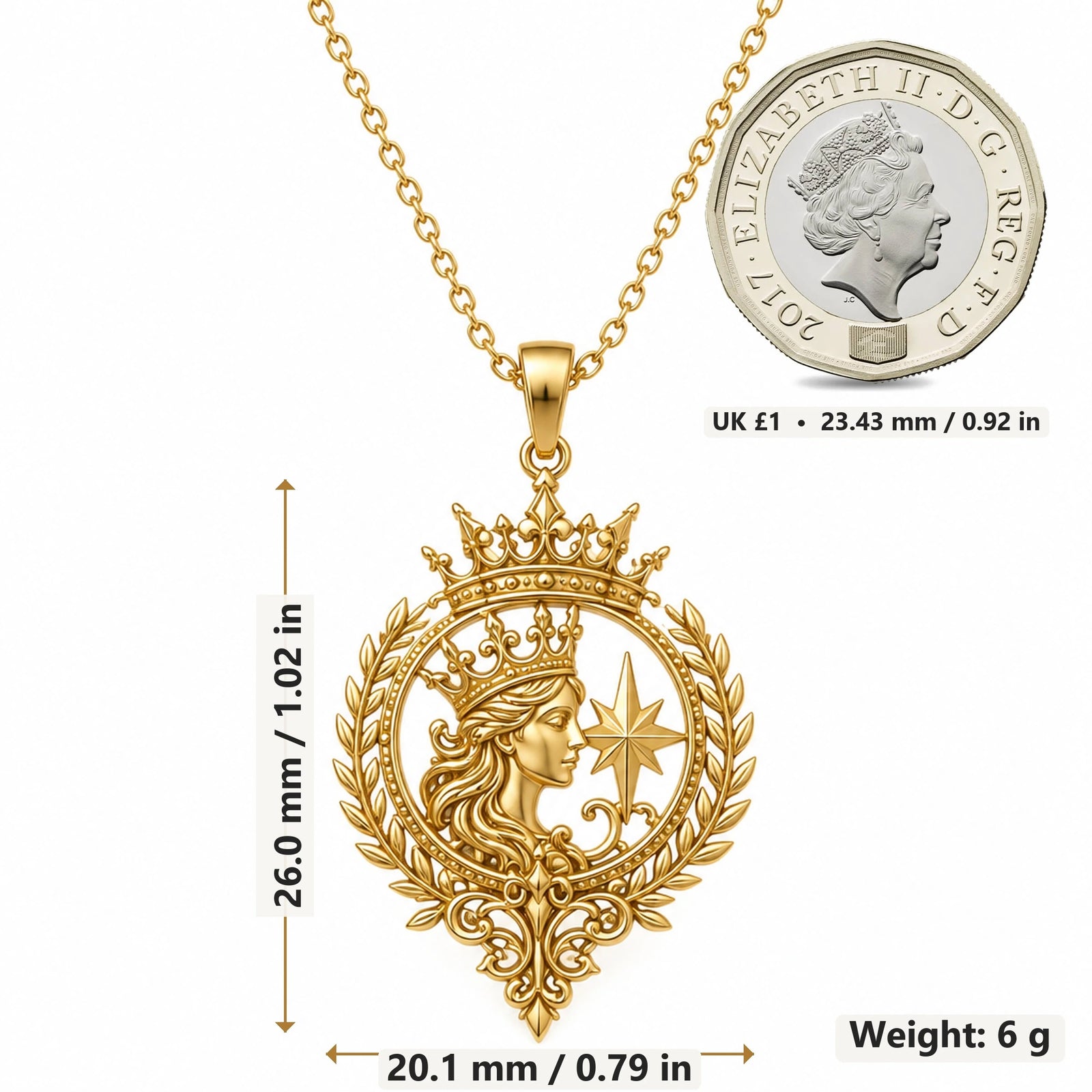 Celestial Queen Emblem pendant necklace size image showing 26.0 mm height, 20.1 mm width and 6 g weight