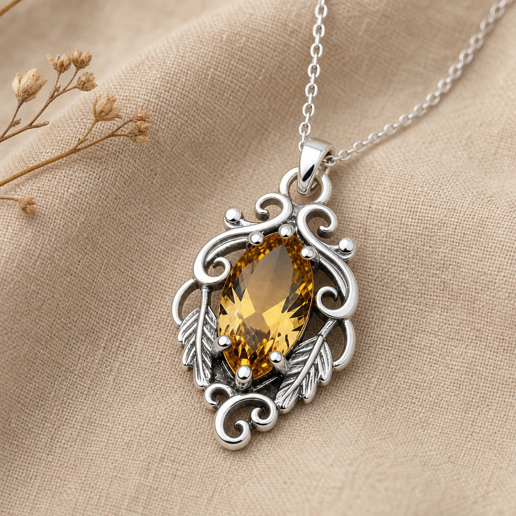 Scroll and Leaf Marquise Birthstone Pendant Necklace in sterling silver, second view