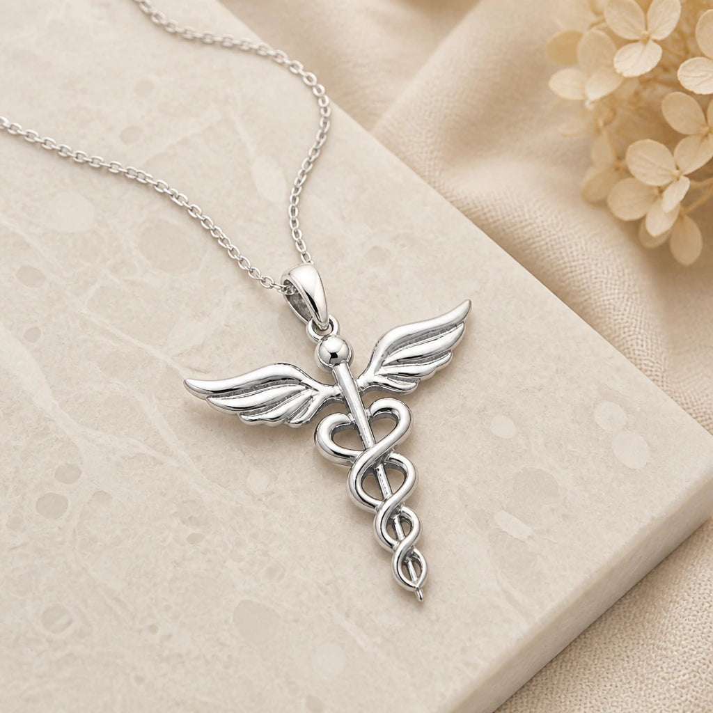 Close-up of silver winged caduceus pendant showing the sculpted detail
