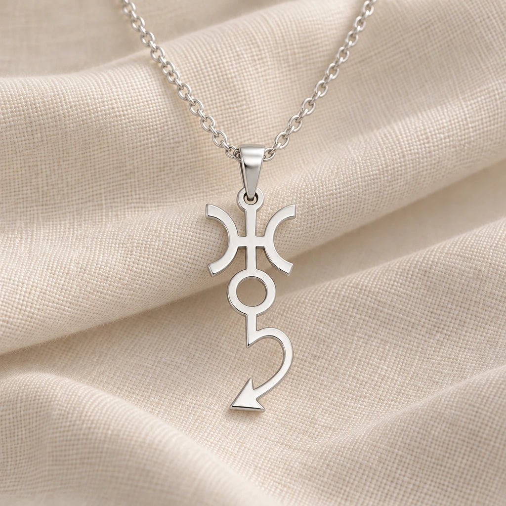 925 sterling silver erinyes slim symbol pendant necklace on cream fabric