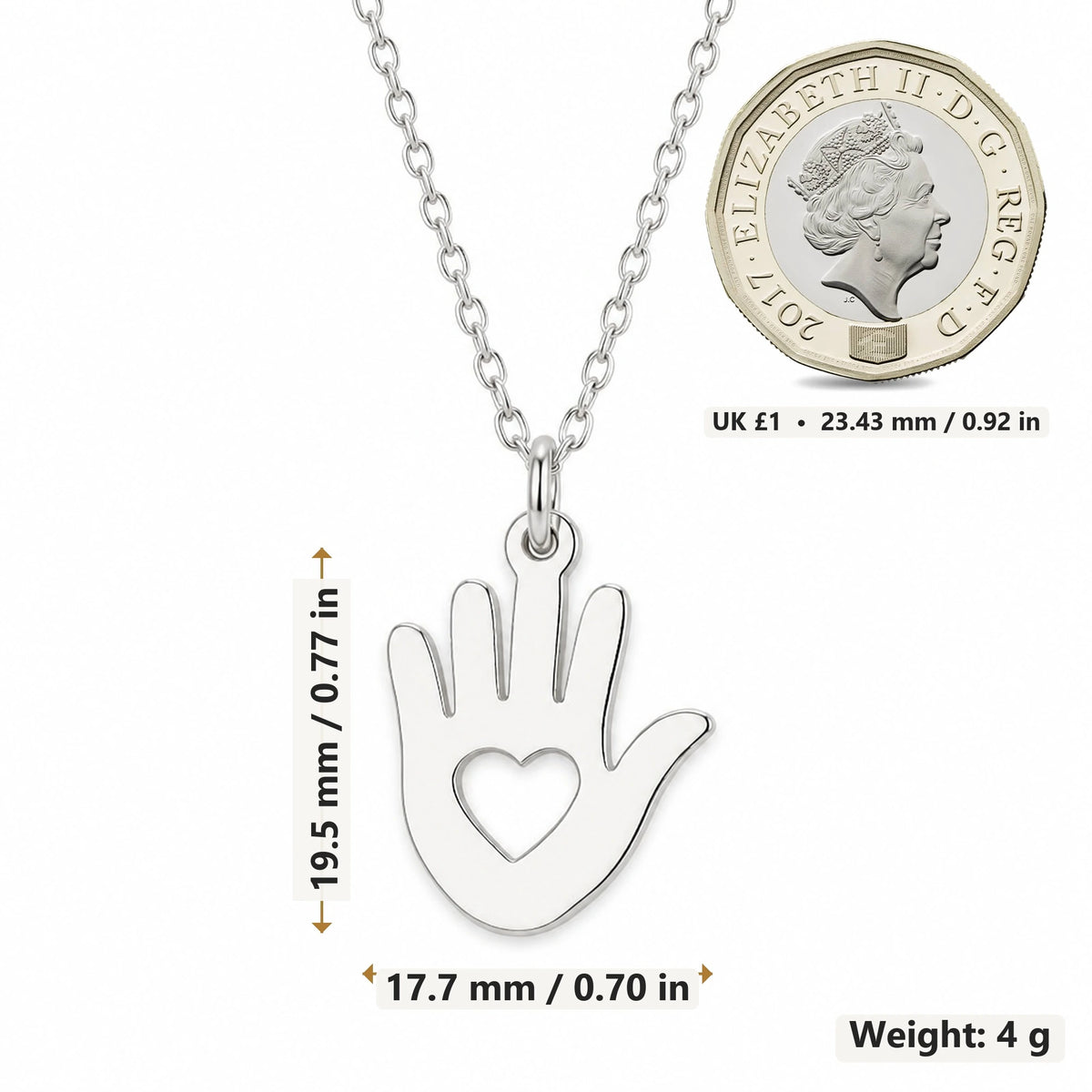 Helping Hand Heart pendant necklace size image showing 19.5 mm height, 17.7 mm width and 4 g weight