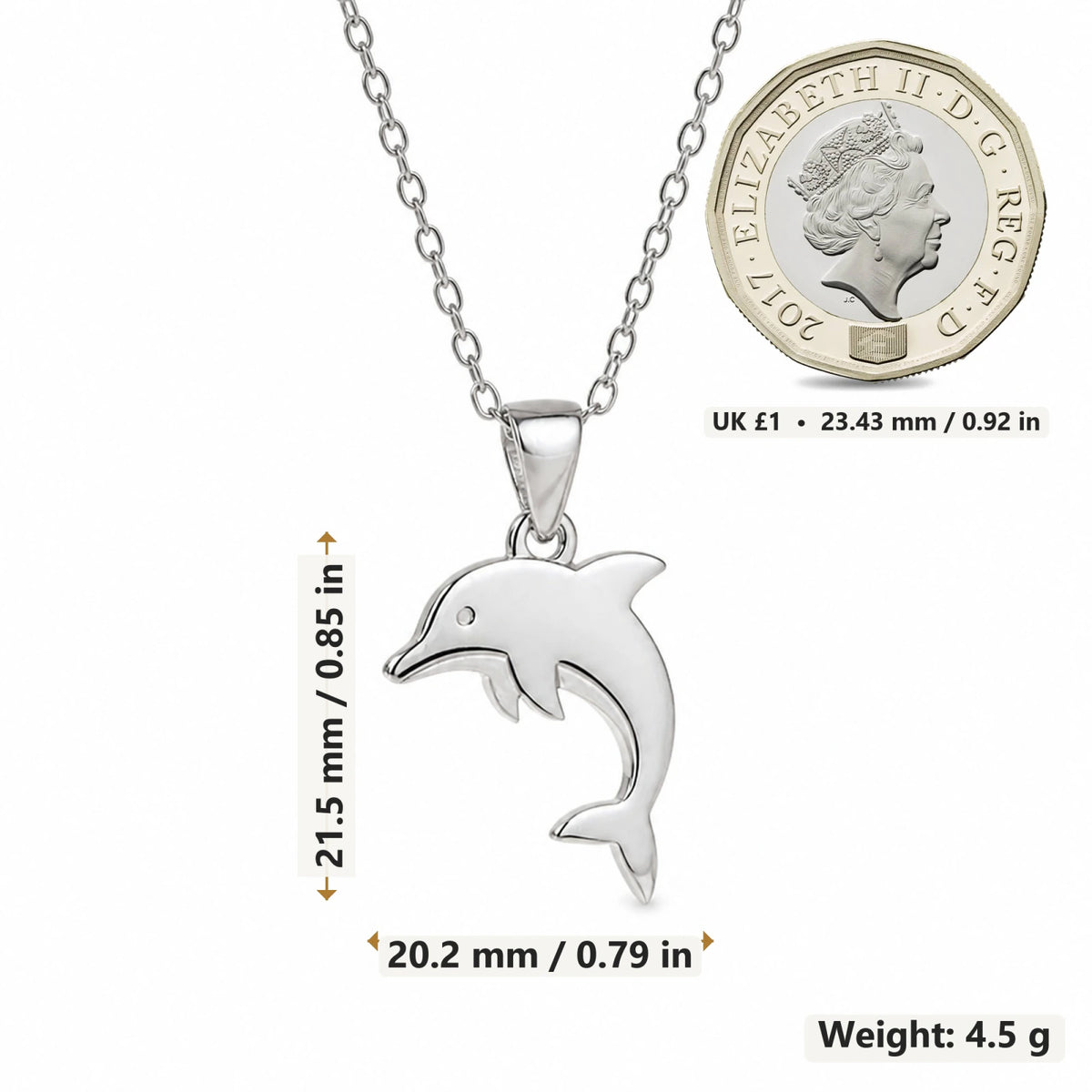 Dolphin pendant necklace size image showing 21.5 mm height and 20.2 mm width and 4.5 g weight