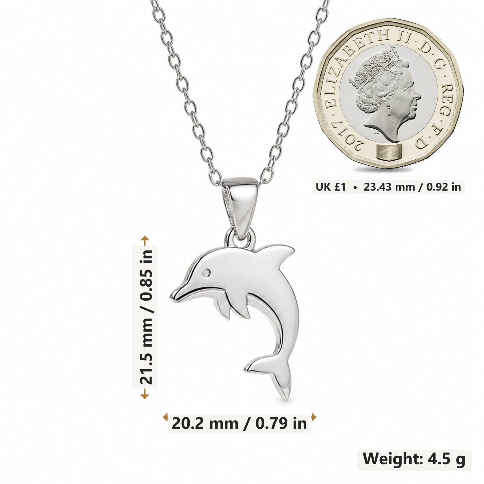 Dolphin pendant necklace size image showing 21.5 mm height and 20.2 mm width and 4.5 g weight