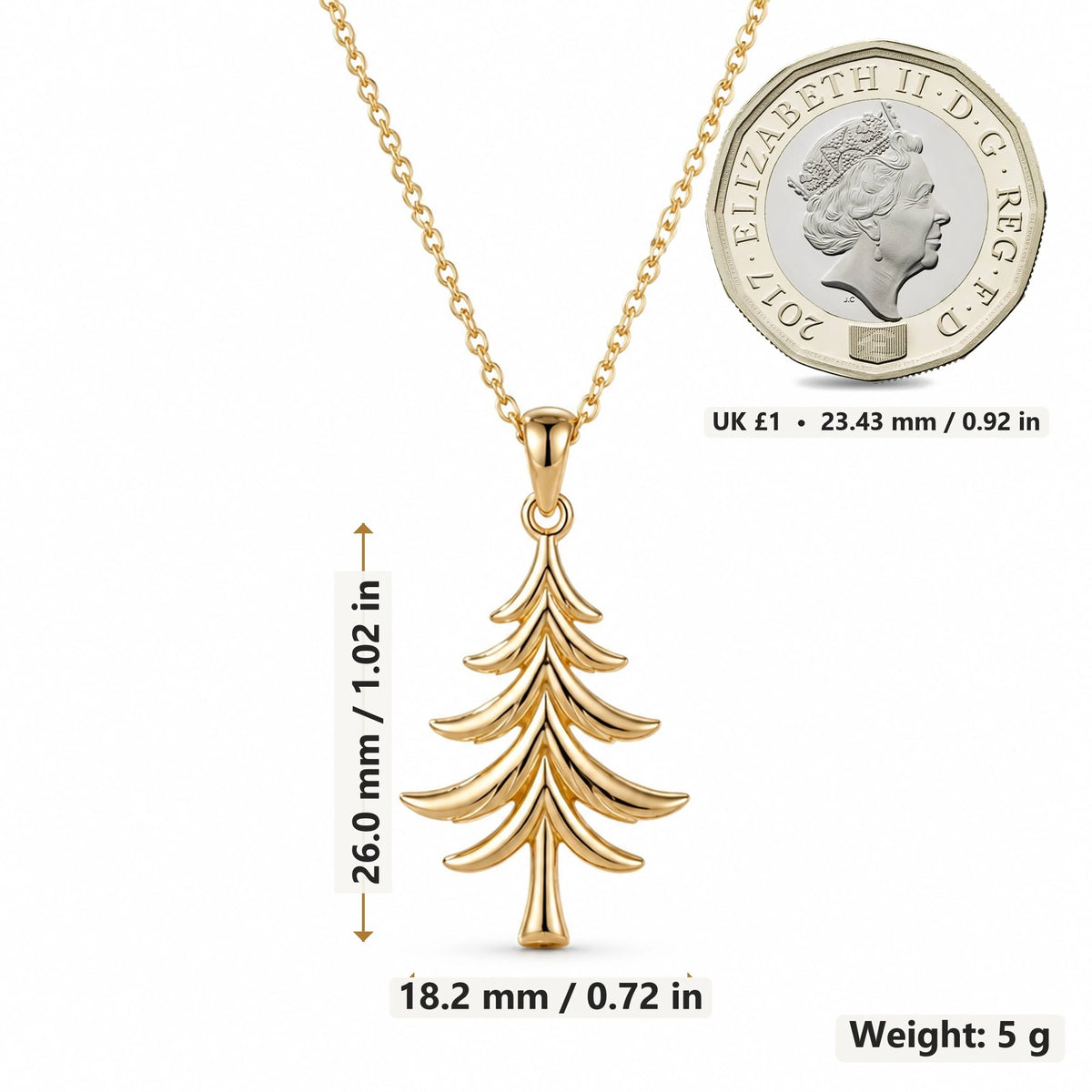 Cedar Tree pendant necklace size image showing 26.0 mm height, 18.2 mm width and 5 g weight