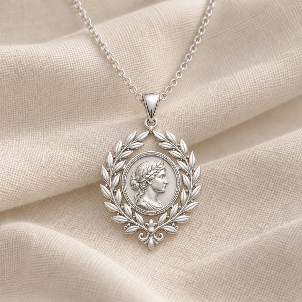 925 sterling silver roman laurel cameo pendant necklace on cream fabric