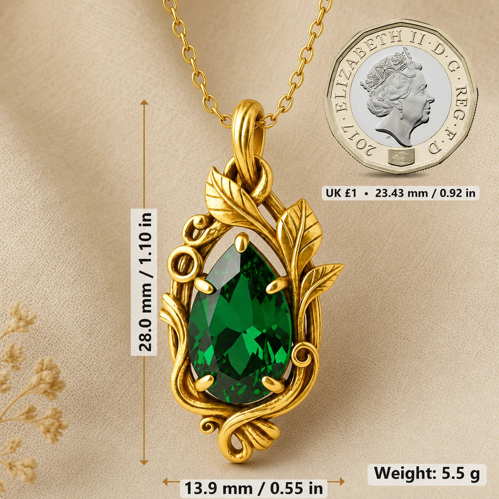 Vine Ring Teardrop Birthstone Pendant Necklace size guide, 28 by 13.9 mm