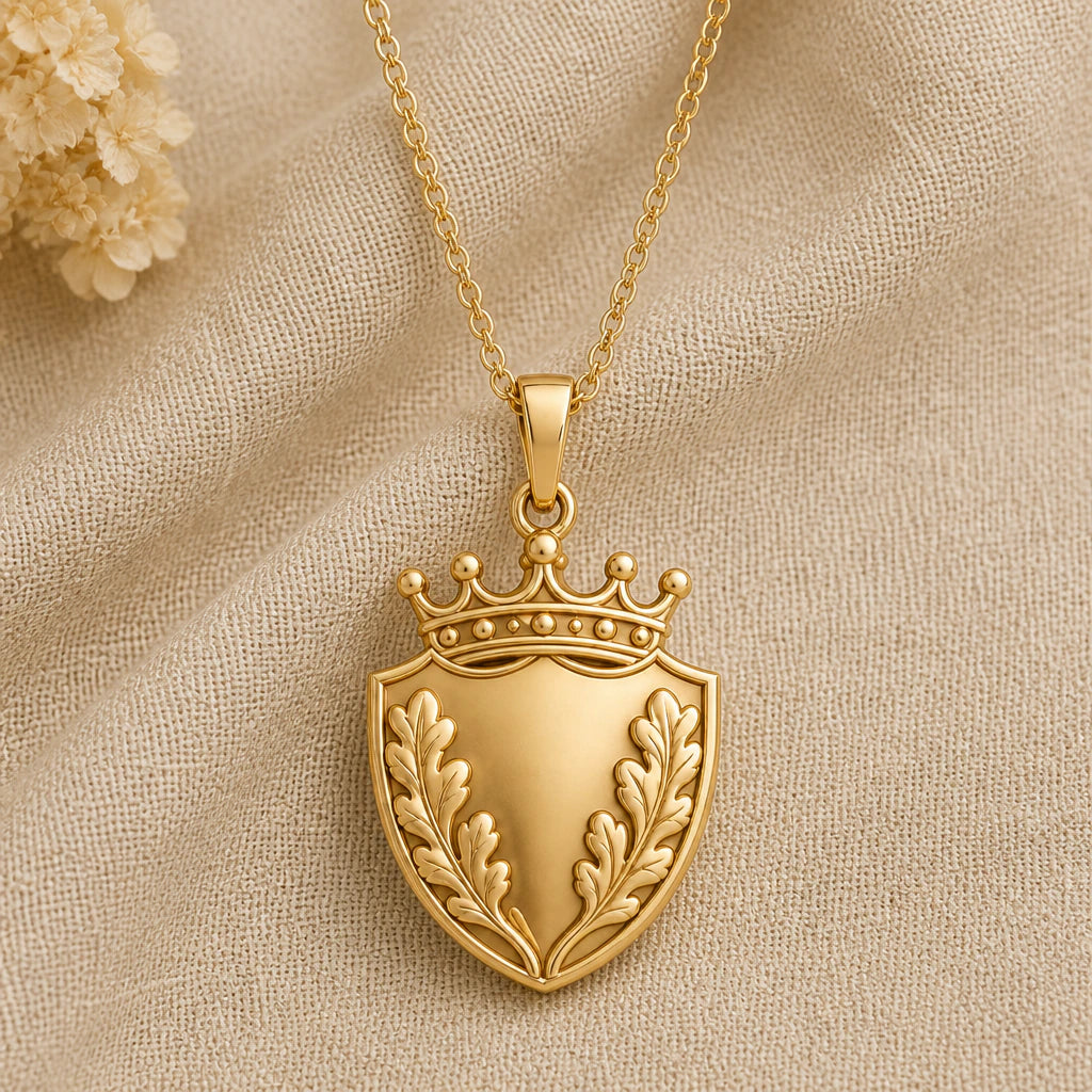 Oak Leaf Shield Crown pendant necklace in a warm gold finish on cream fabric