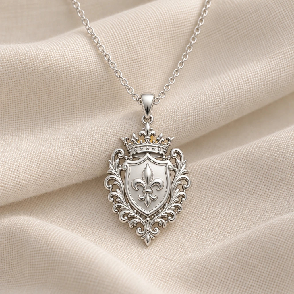 925 sterling silver dynasty emblem shield pendant necklace on cream fabric