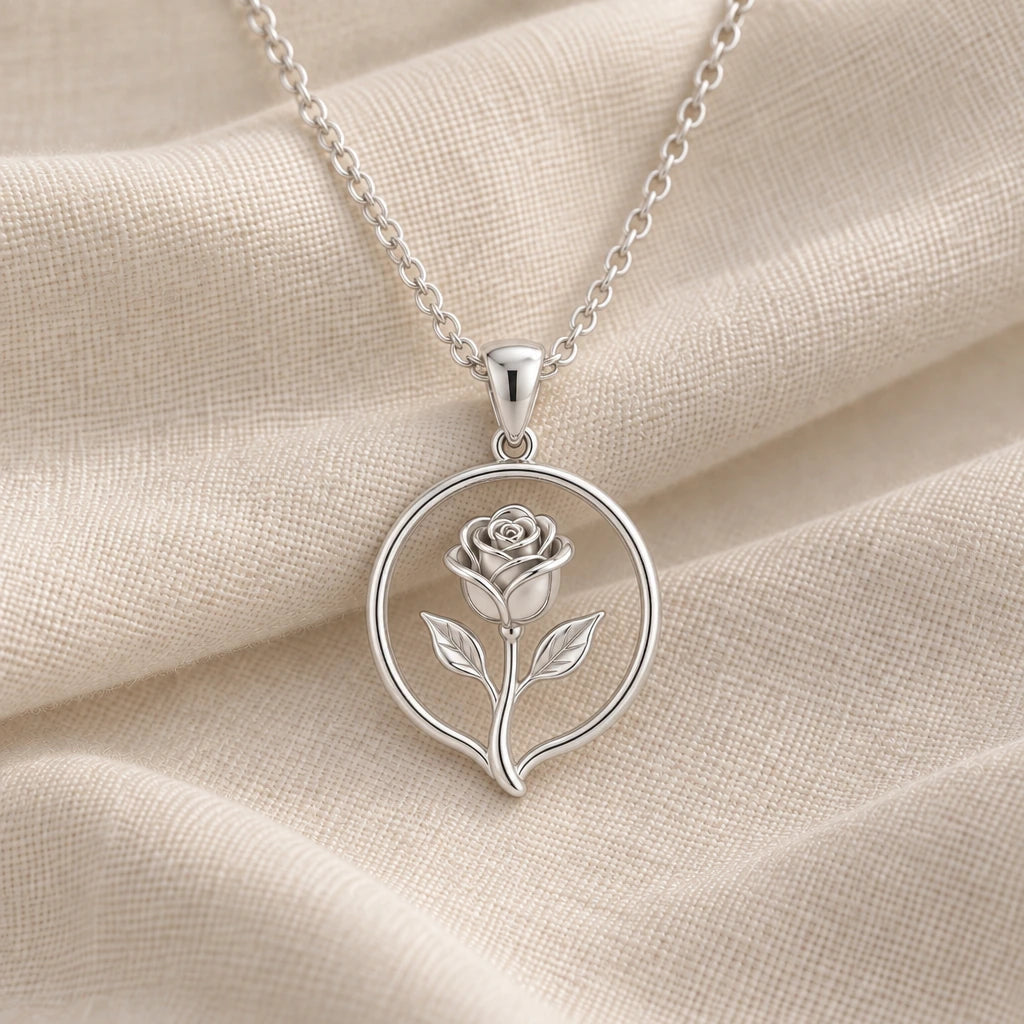 925 sterling silver rose bud halo pendant necklace on cream fabric