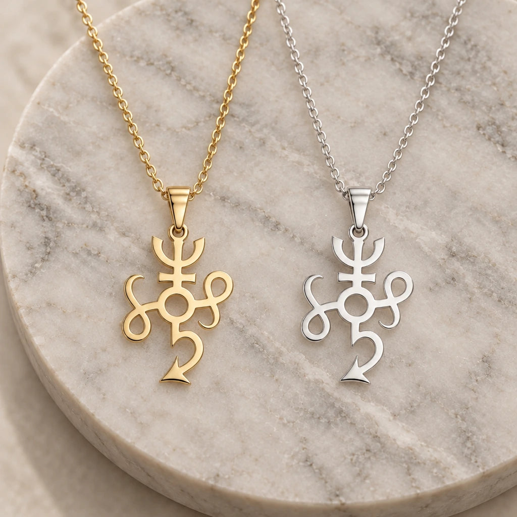 Typhon Asteroid Symbol pendant necklace in silver and gold finishes side by side
