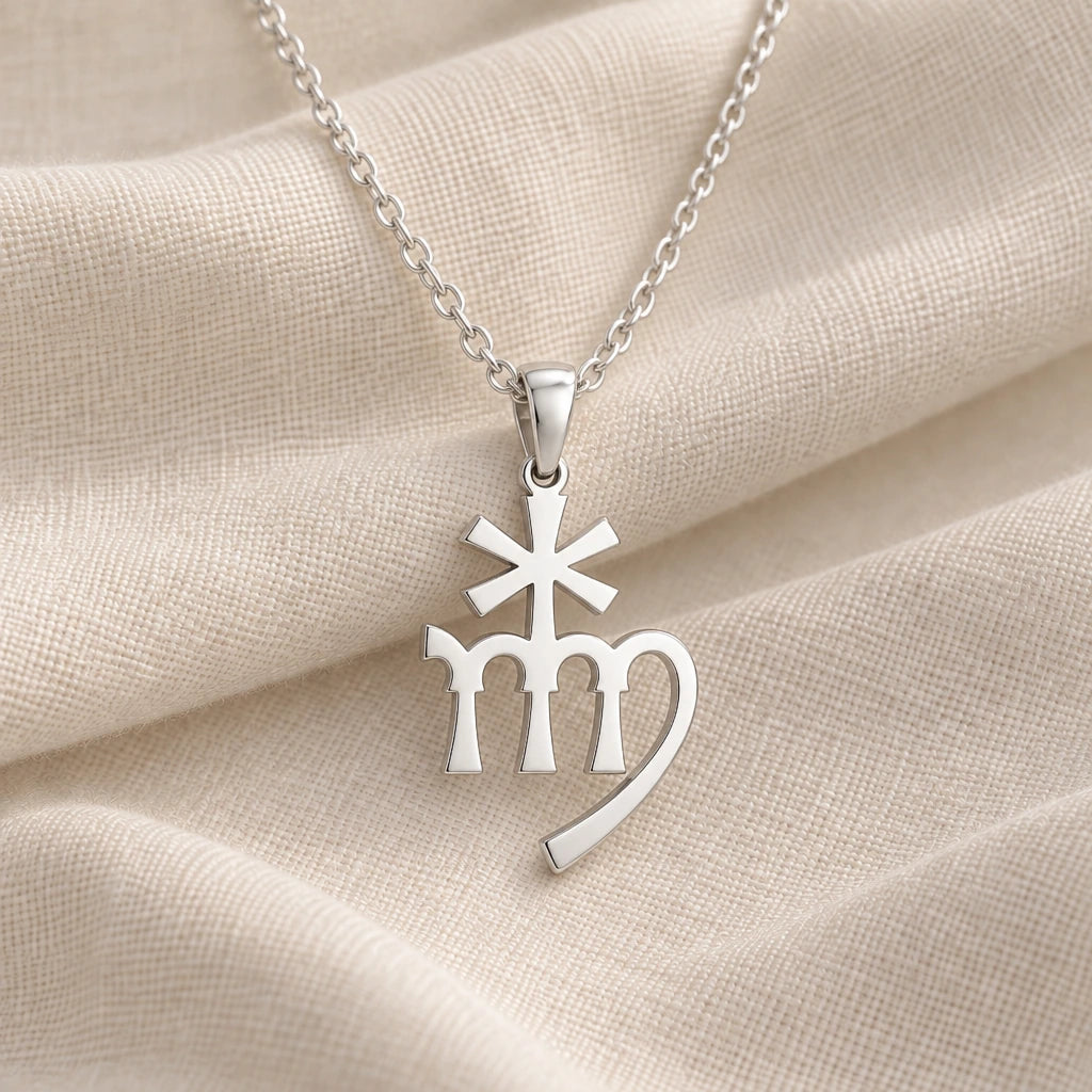 925 sterling silver astraea asteroid symbol pendant necklace on cream fabric