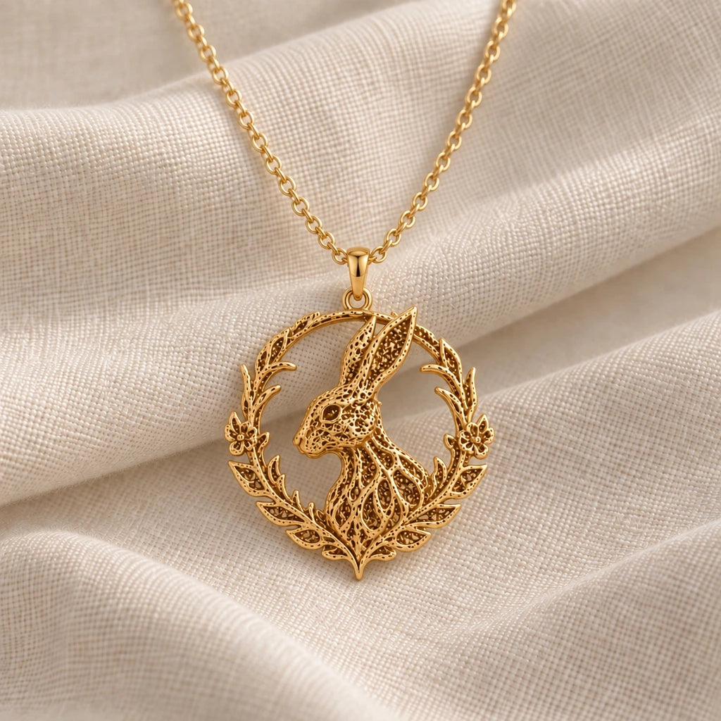 Fossil Rabbit Halo pendant necklace in an 18k gold plated finish