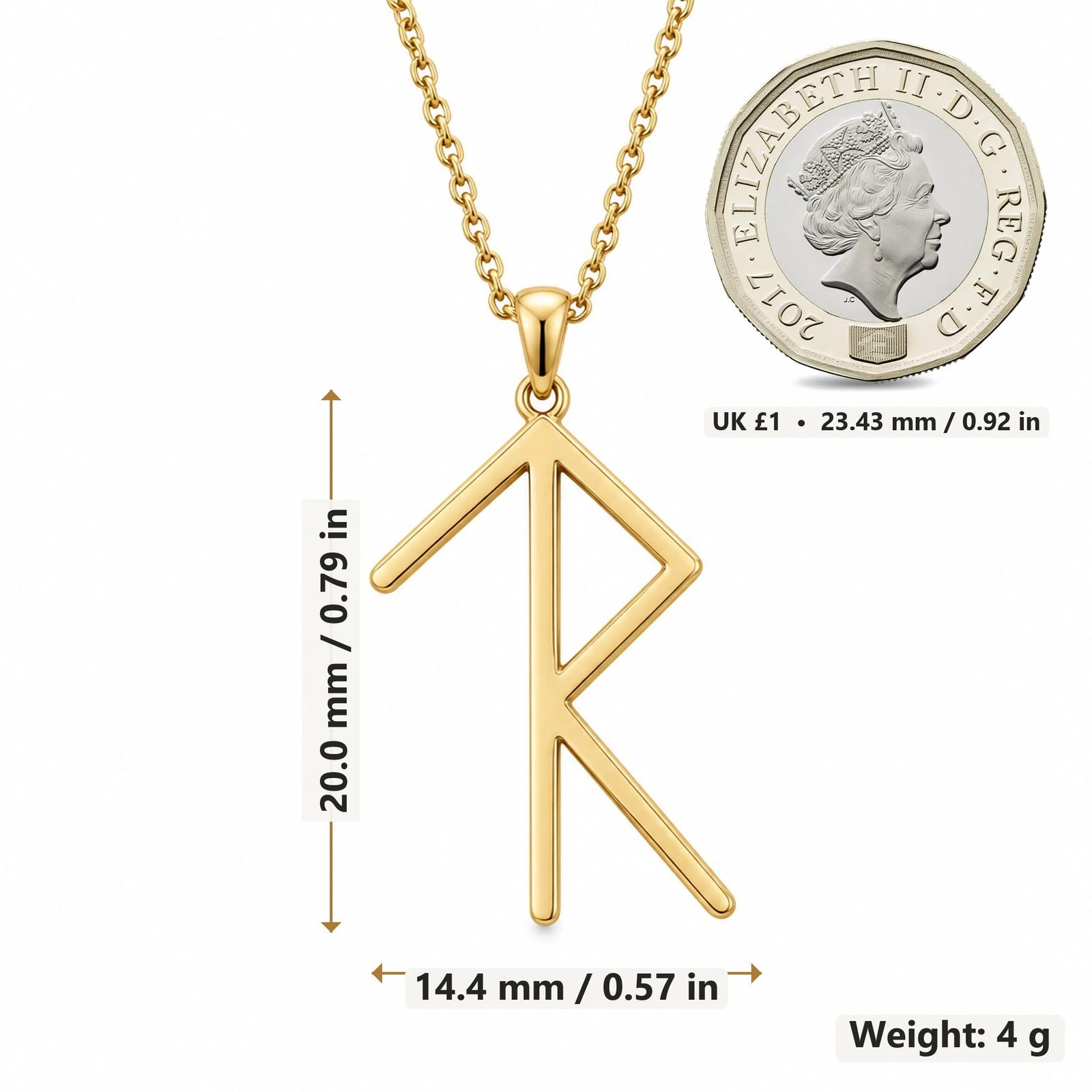 Viking Success Raido Bind Rune pendant necklace size image showing 20.0 mm height, 14.4 mm width and 4 g weight