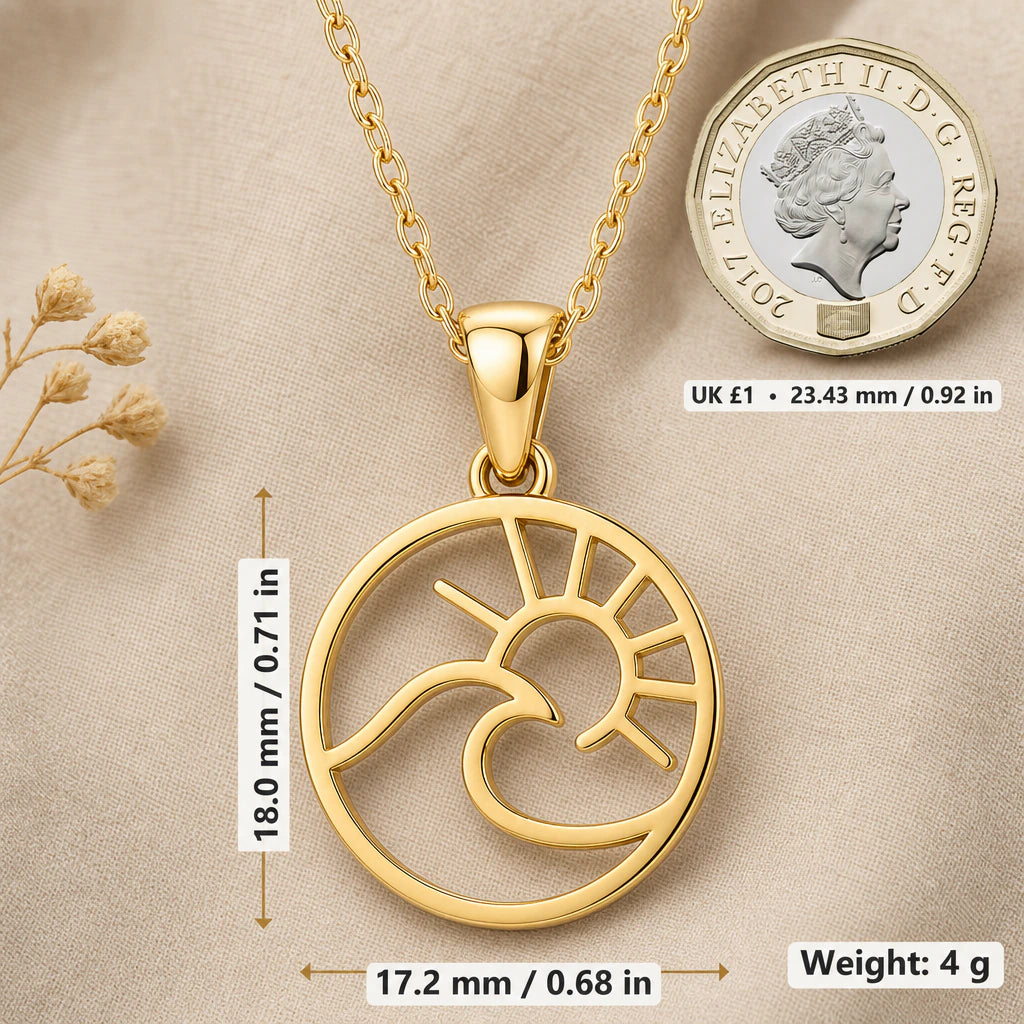 Wave and Sun Pendant Necklace size guide, 18 by 17.2 mm
