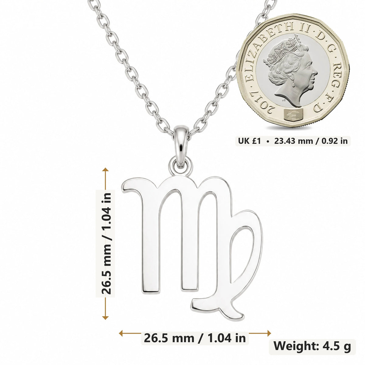 Virgo Zodiac Glyph pendant necklace size image showing 26.5 mm height, 26.5 mm width and 4.5 g weight