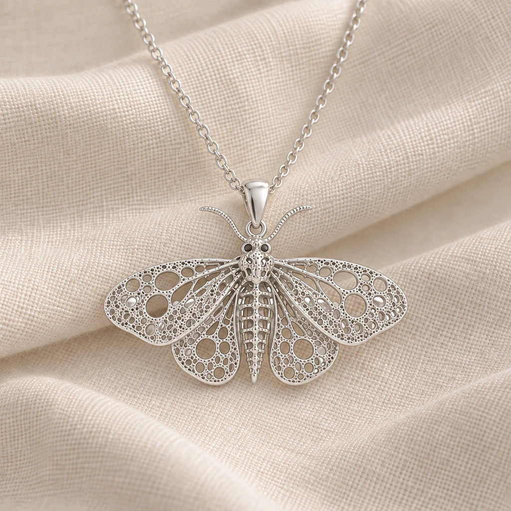 925 sterling silver fossil moth skeleton pendant necklace on cream fabric