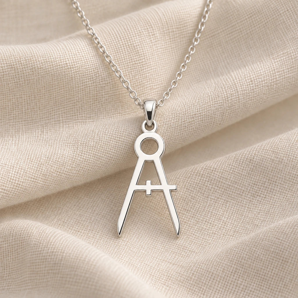 925 sterling silver architect compass polished pendant necklace on cream fabric