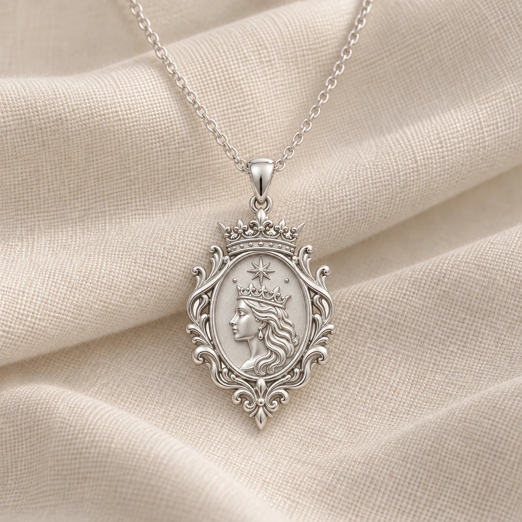 925 sterling silver queen aura cameo pendant necklace on cream fabric
