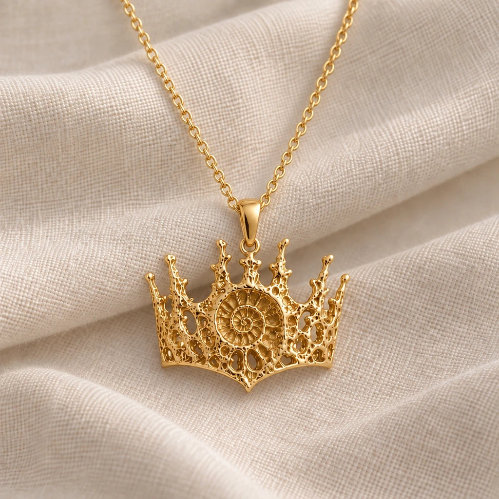 Fossil Crown Ammonite pendant necklace in an 18k gold plated finish