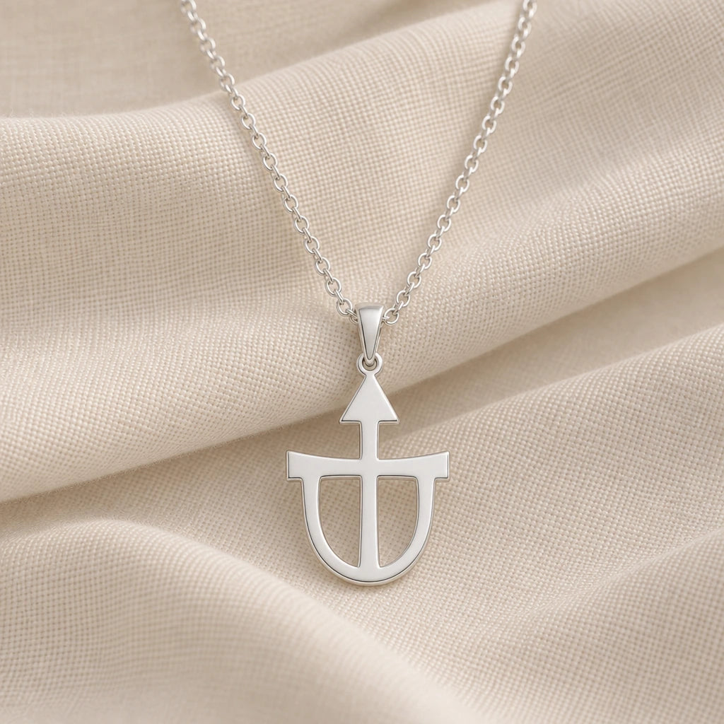 925 sterling silver teutonia asteroid symbol pendant necklace on cream fabric