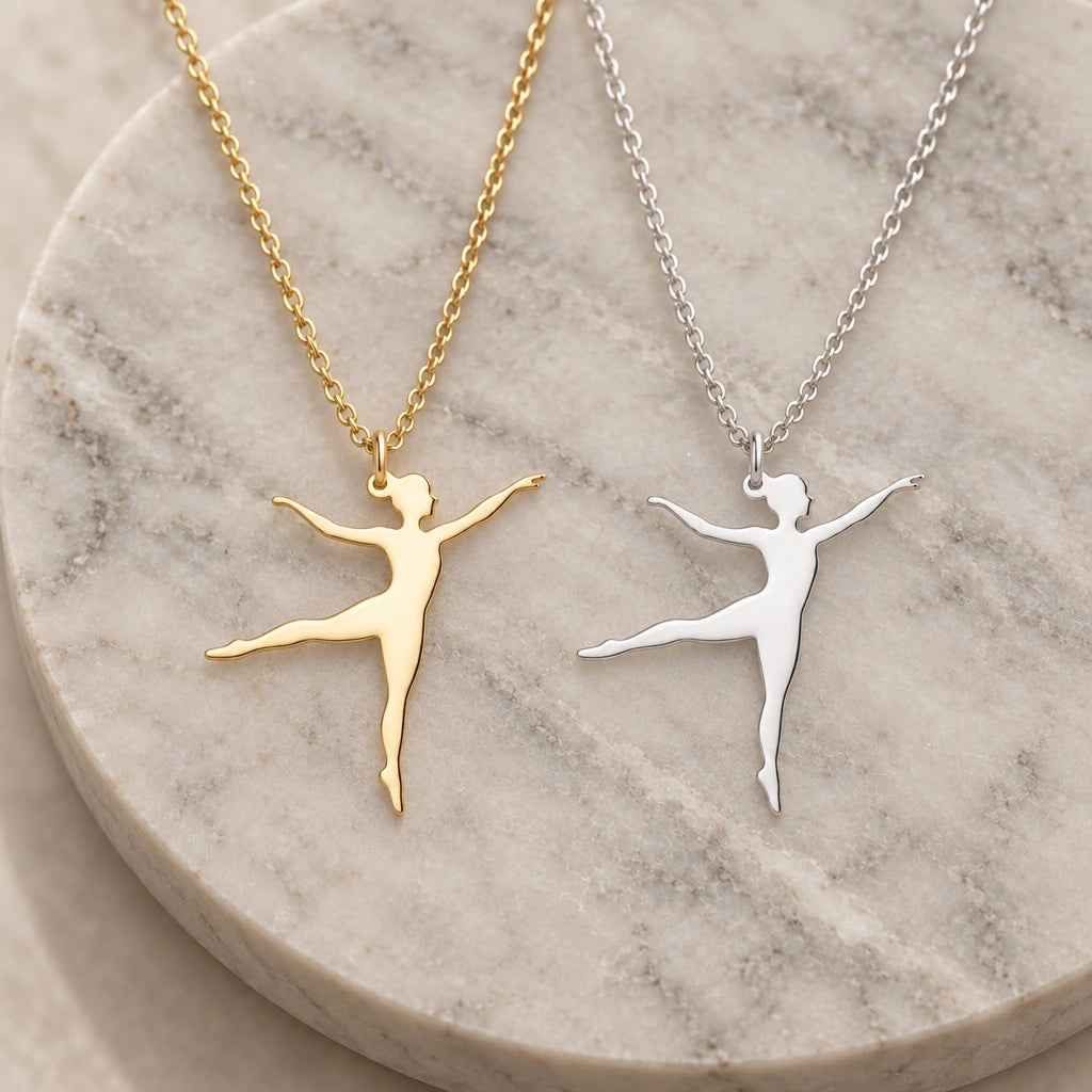 Ballet Dancer Arabesque pendant necklace in silver and gold finishes side by side