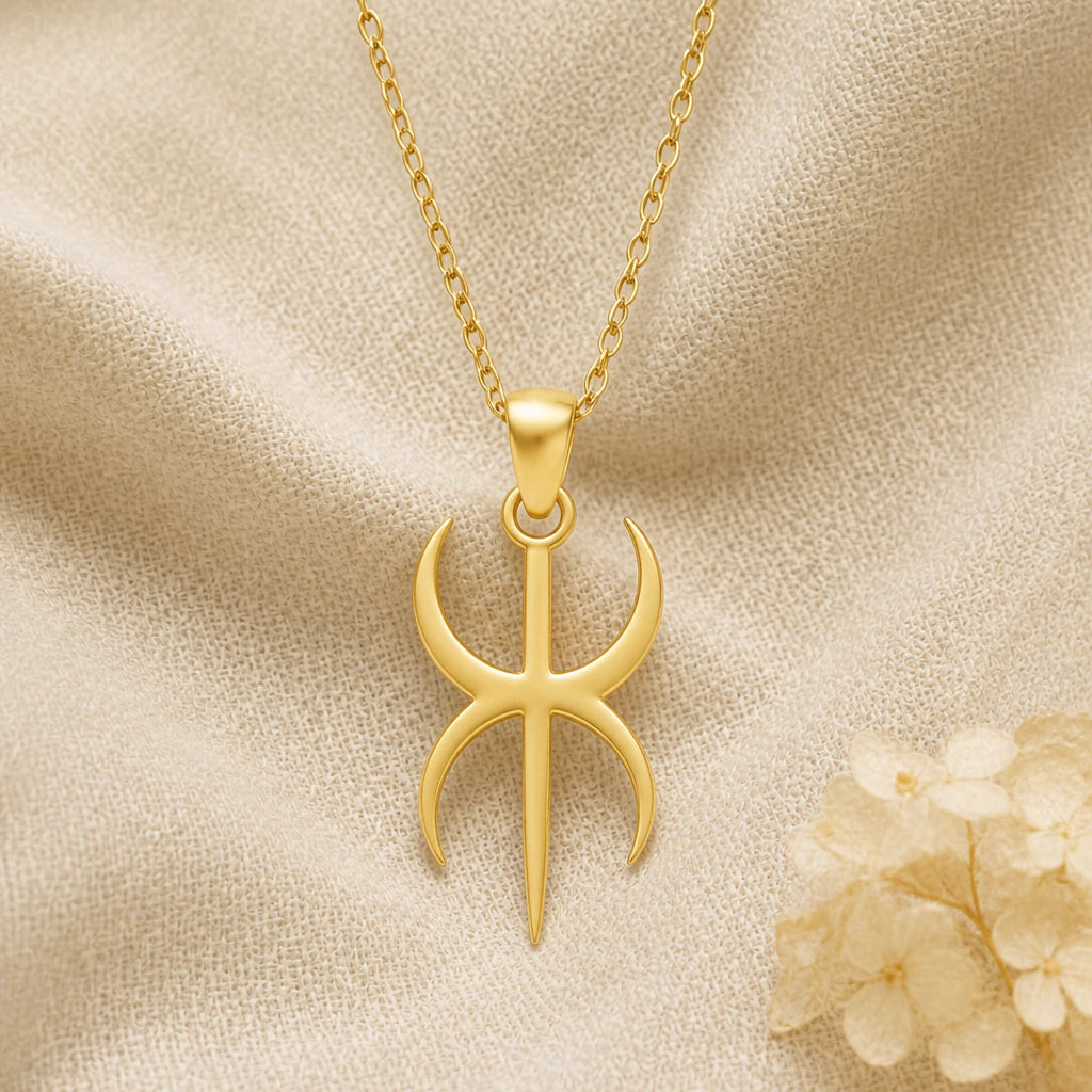 Duality Symbol pendant necklace in a warm gold finish on cream fabric
