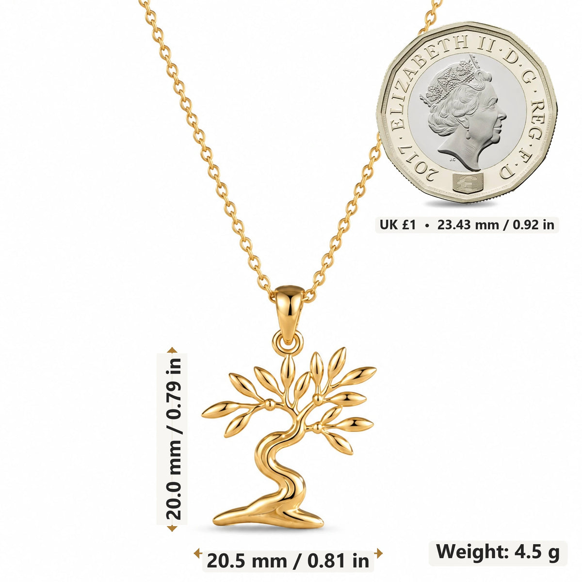 Olive Drift Bonsai pendant necklace size image showing 20.0 mm height, 20.5 mm width and 4.5 g weight