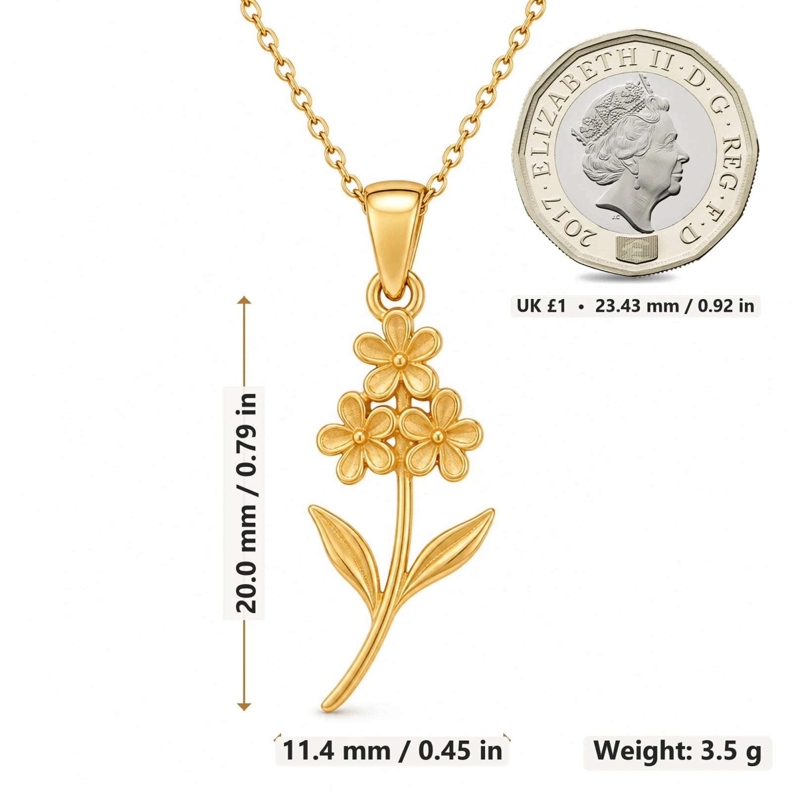 Heather Flower pendant necklace size image showing 20 mm height and 11.4 mm width and 3.5 g weight