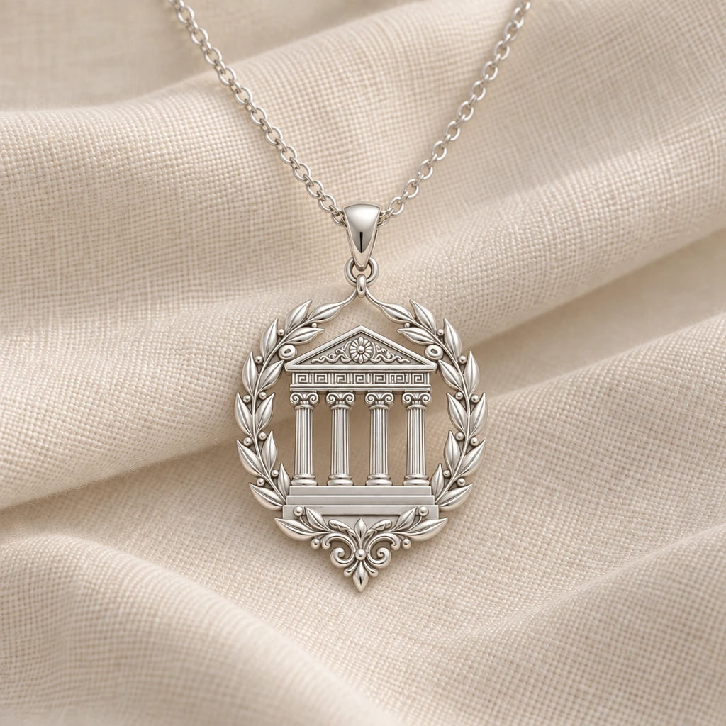 925 sterling silver greek temple laurel pendant necklace on cream fabric