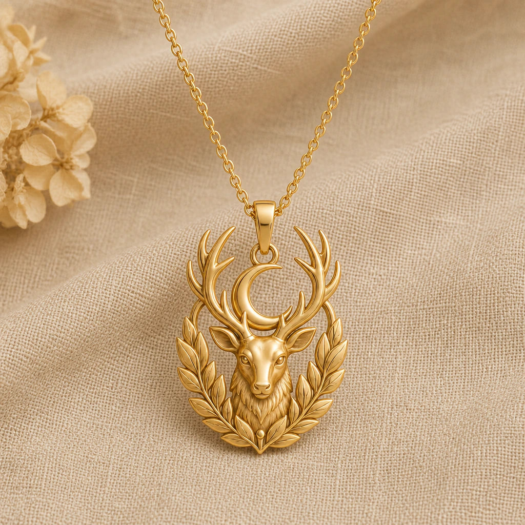 Moon Stag pendant necklace in a warm gold finish on cream fabric