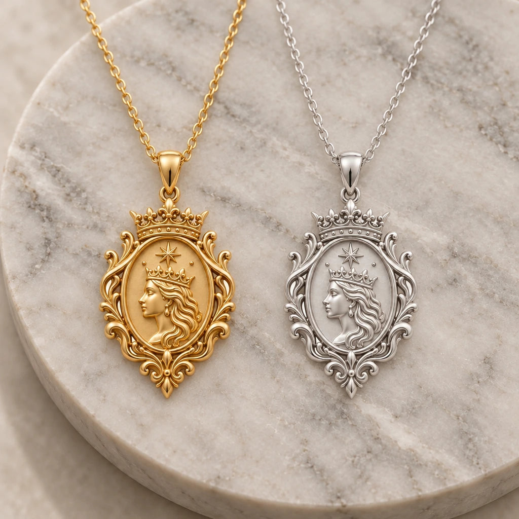 Queen Aura Cameo pendant necklace in silver and gold finishes side by side