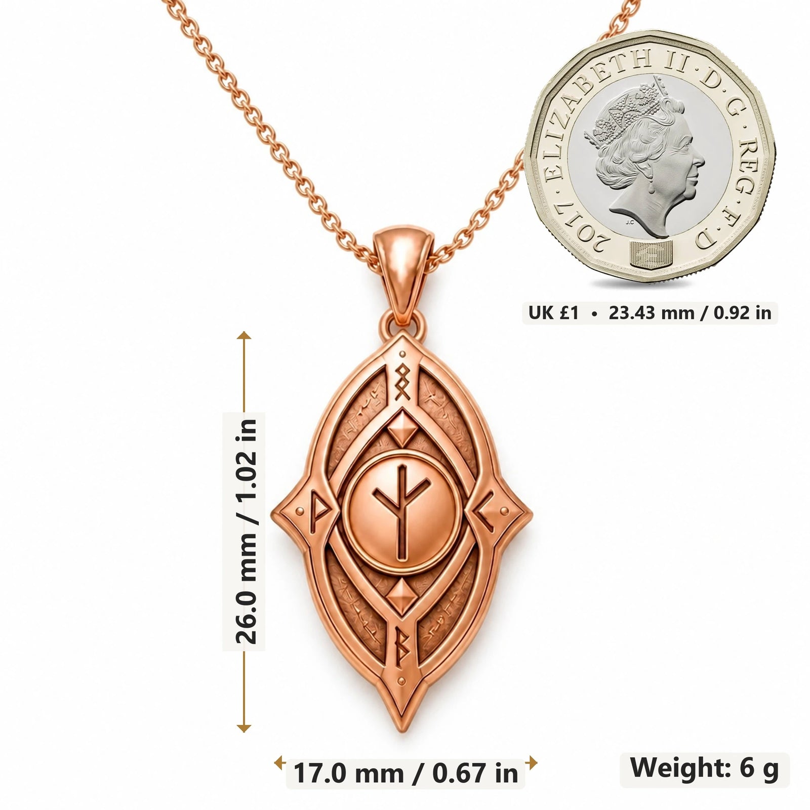 Protective Rune Shield pendant necklace size image showing 26.0 mm height, 17.0 mm width and 6 g weight