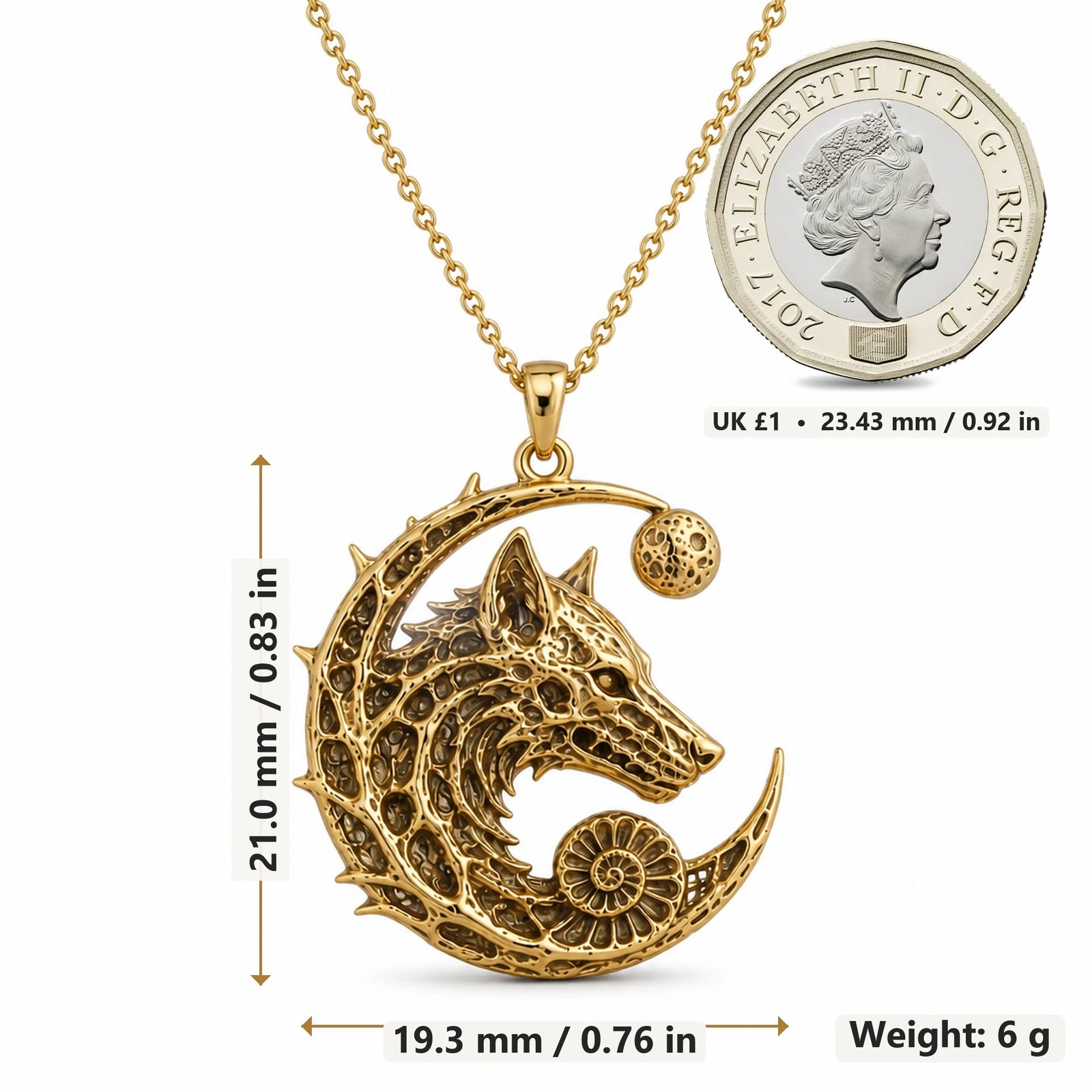 Lunar Wolf Relic pendant necklace size image showing 21.0 mm height, 19.3 mm width and 6 g weight