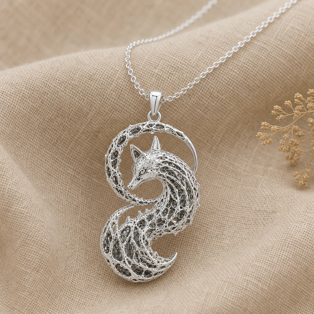 Ancient fox fossil pendant necklace in 925 sterling silver