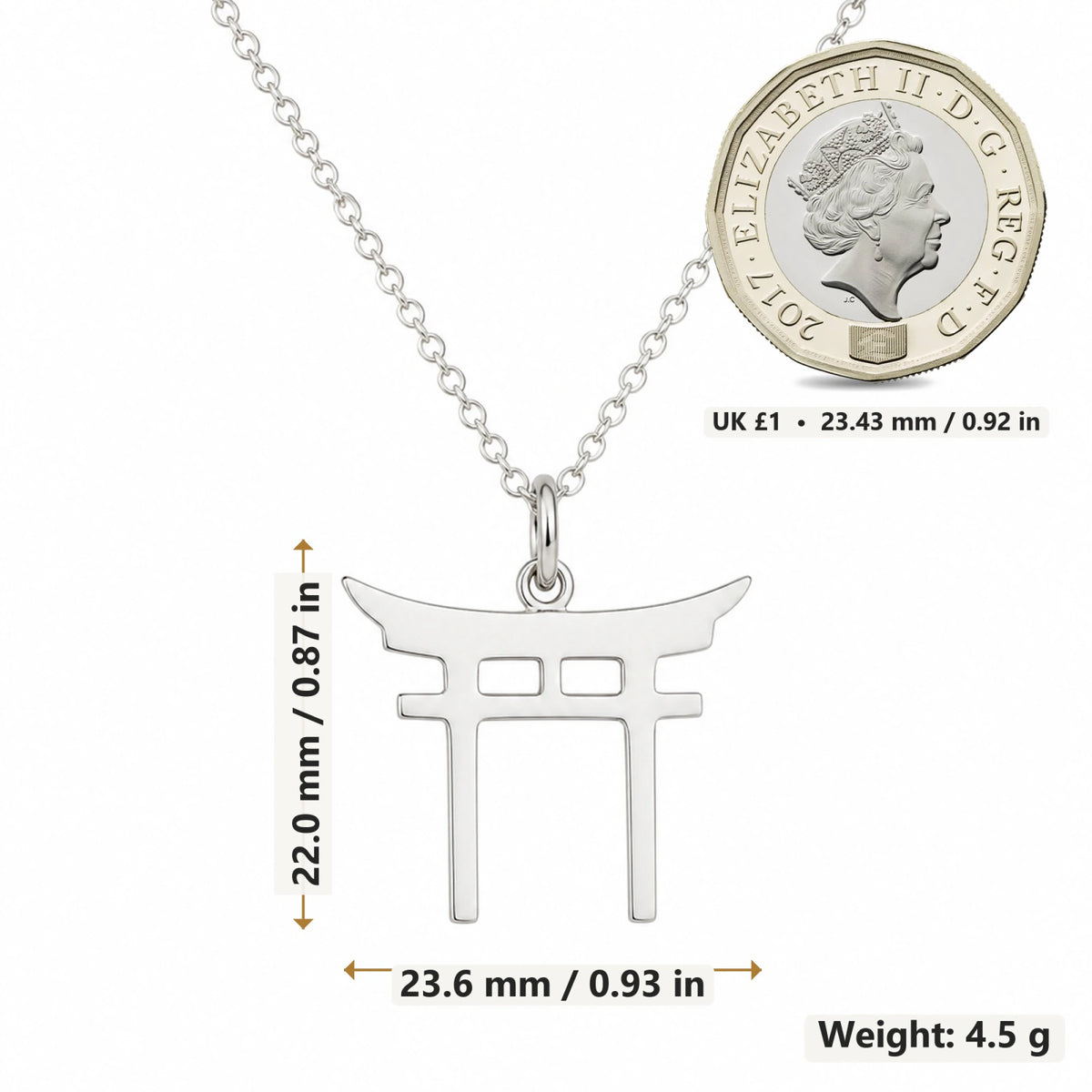 Torii Gate pendant necklace size image showing 22 mm height and 23.6 mm width and 4.5 g weight