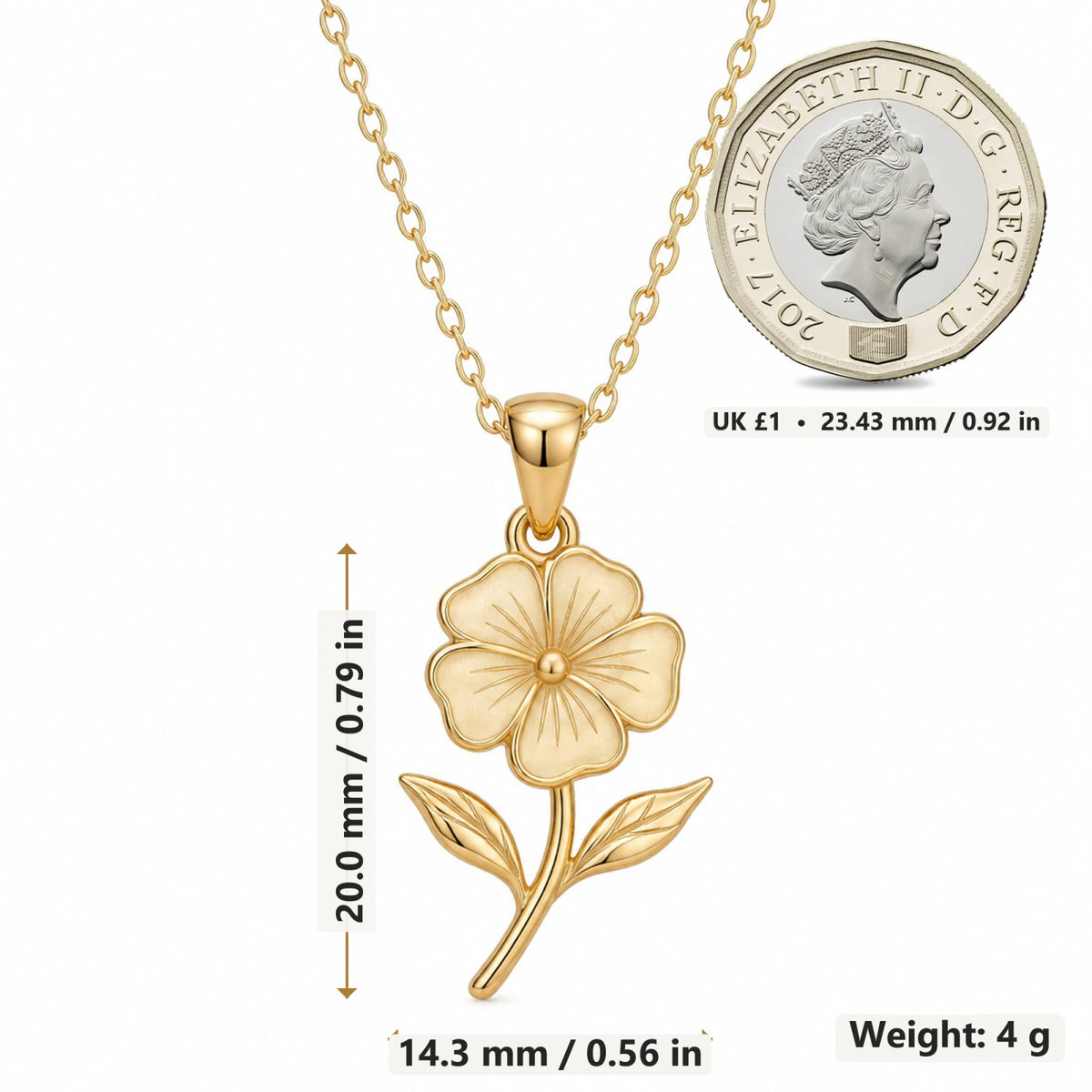 Phlox Flower pendant necklace size image showing 20 mm height and 14.3 mm width and 4 g weight