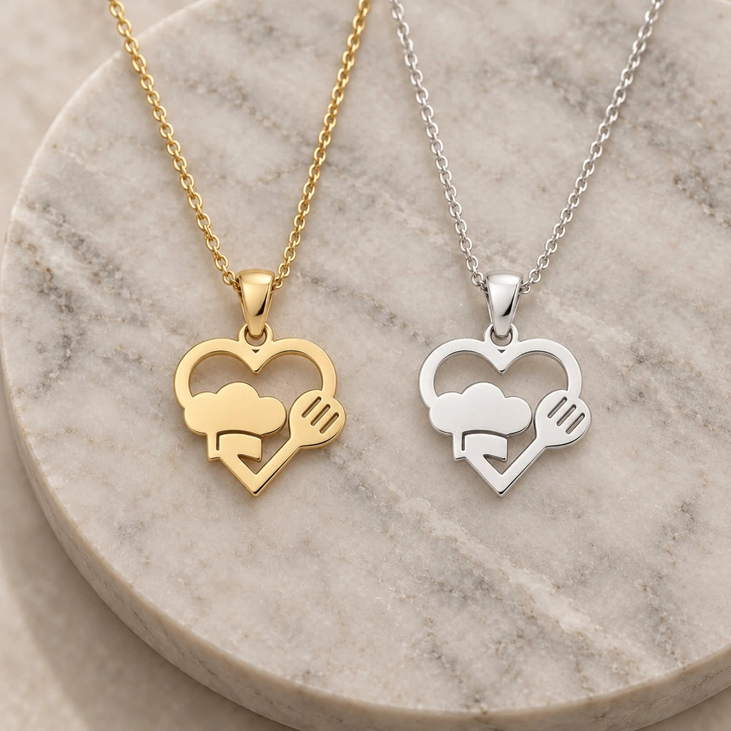 Chef Heart pendant necklace in silver and gold finishes side by side