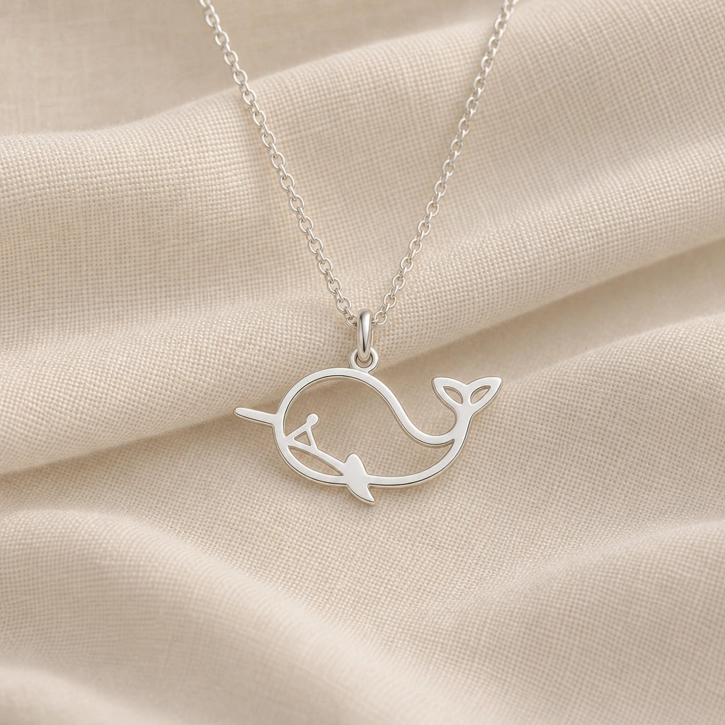 925 sterling silver whale outline pendant necklace on cream fabric