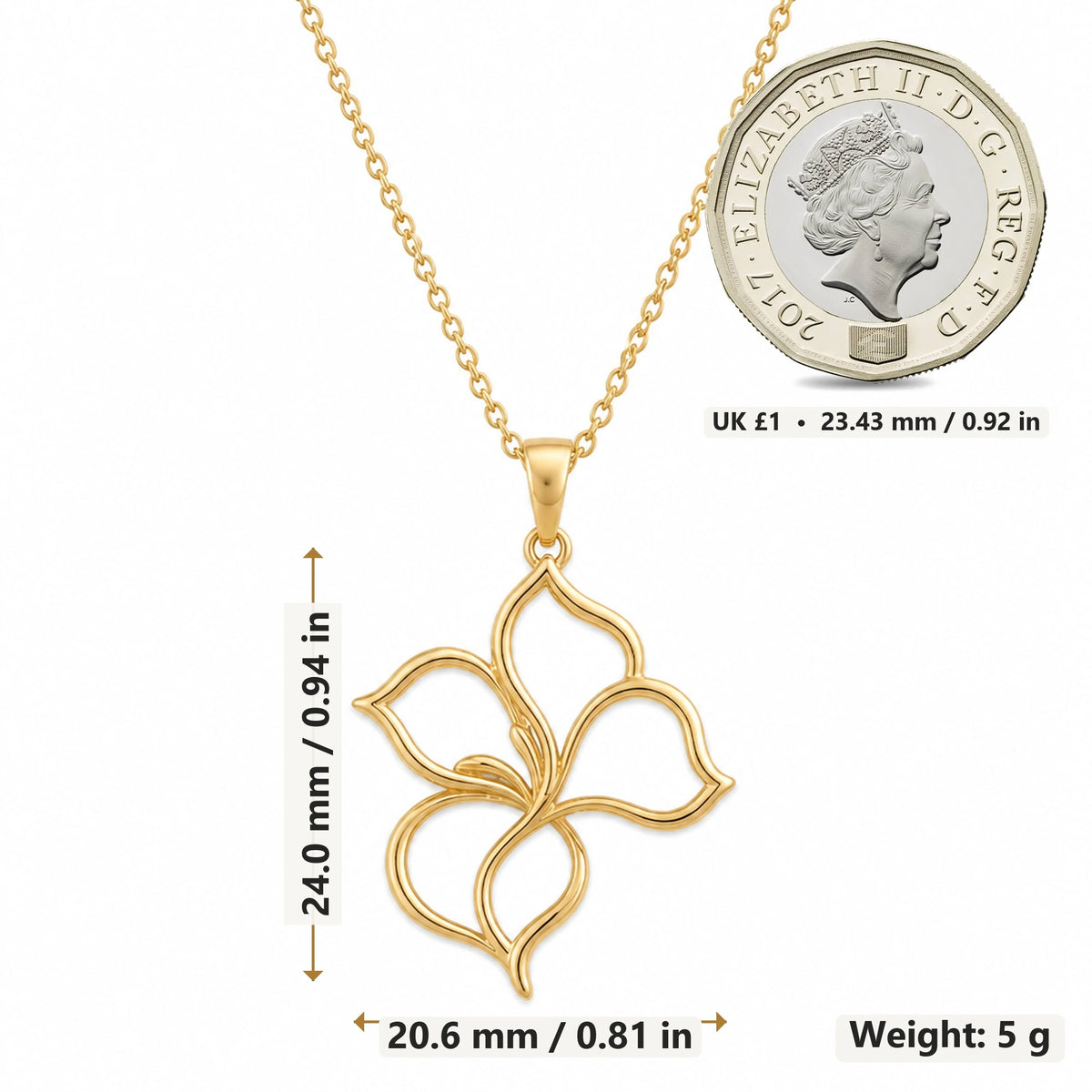 Velvet Petal Flower Outline pendant necklace size image showing 24.0 mm height, 20.6 mm width and 5 g weight