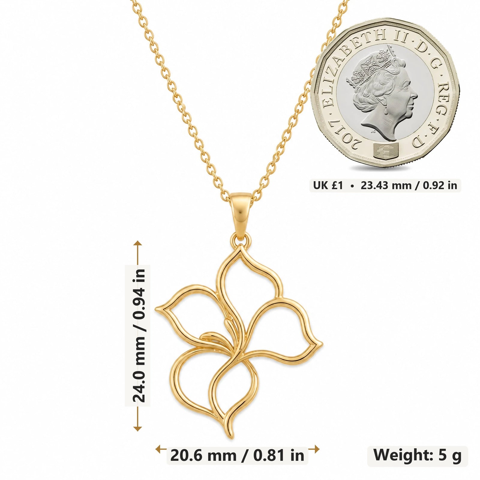 Velvet Petal Flower Outline pendant necklace size image showing 24.0 mm height, 20.6 mm width and 5 g weight