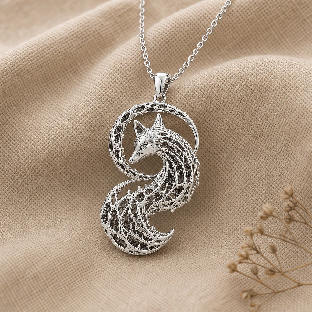Close-up of silver fox pendant with openwork lattice body and tail