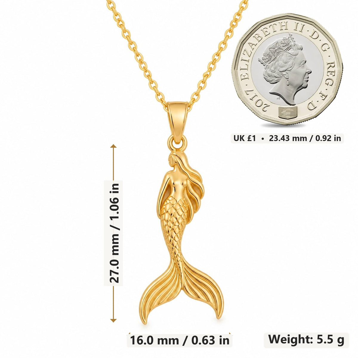 Mermaid Figure pendant necklace size image showing 27.0 mm height, 16.0 mm width and 5.5 g weight