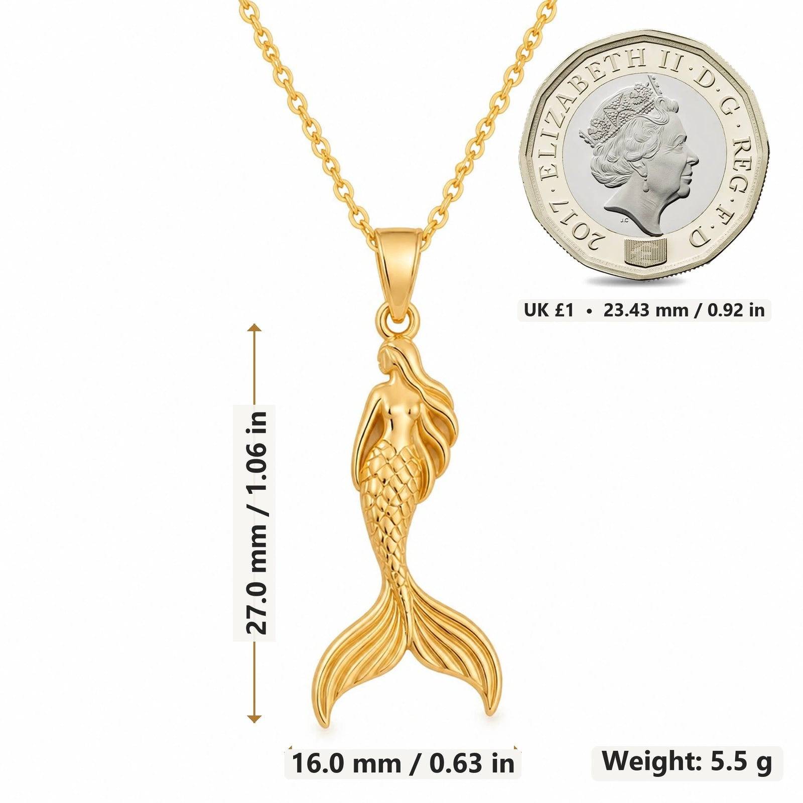 Mermaid Figure pendant necklace size image showing 27.0 mm height, 16.0 mm width and 5.5 g weight